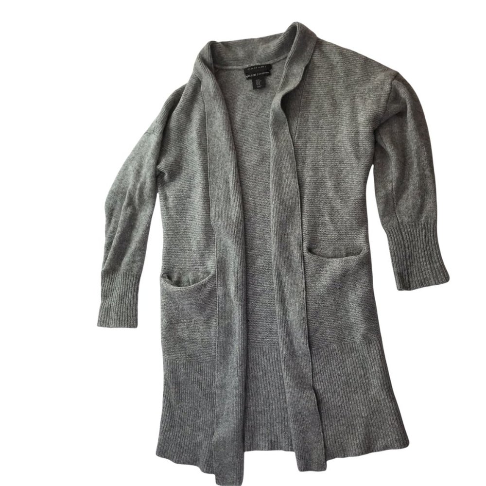 TAHARI Pure Luxe 100% Cashmere Gray Long Cardigan Sweater Size US M Pockets